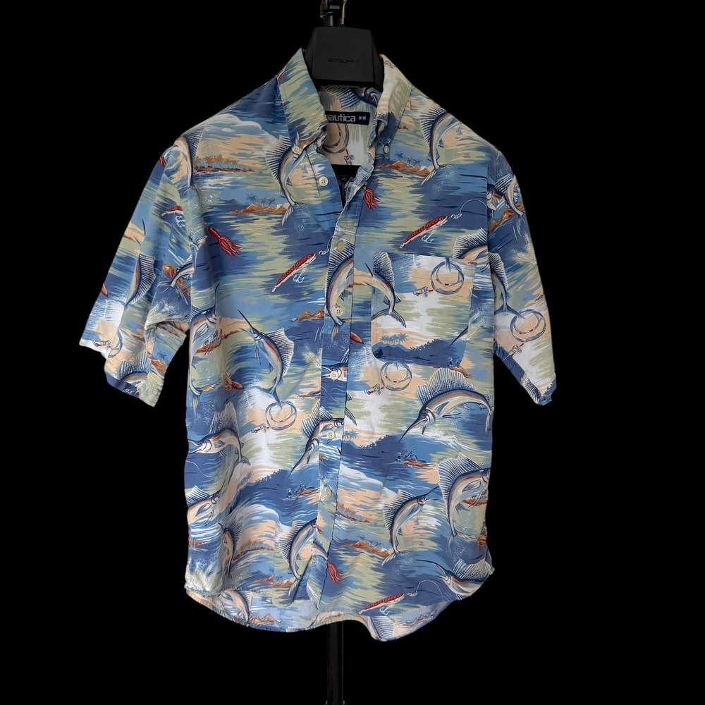 90's Nautica Blue Marlin Fishing Lure Print Rayon Cotton Button Down Shirt M